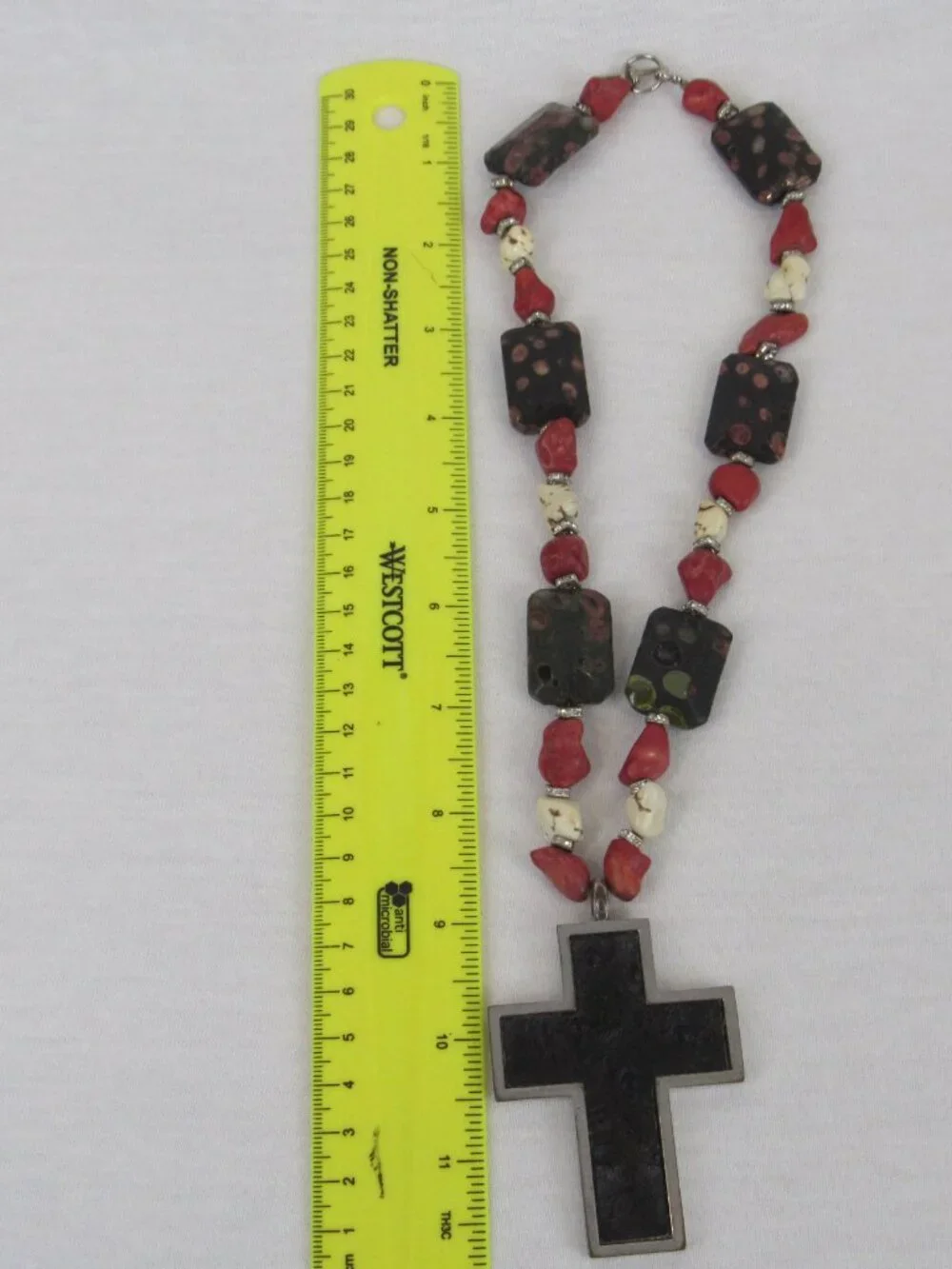 Chunky Beaded Cross Pendant Necklace Red Black Cream Southwestern Boho Statement